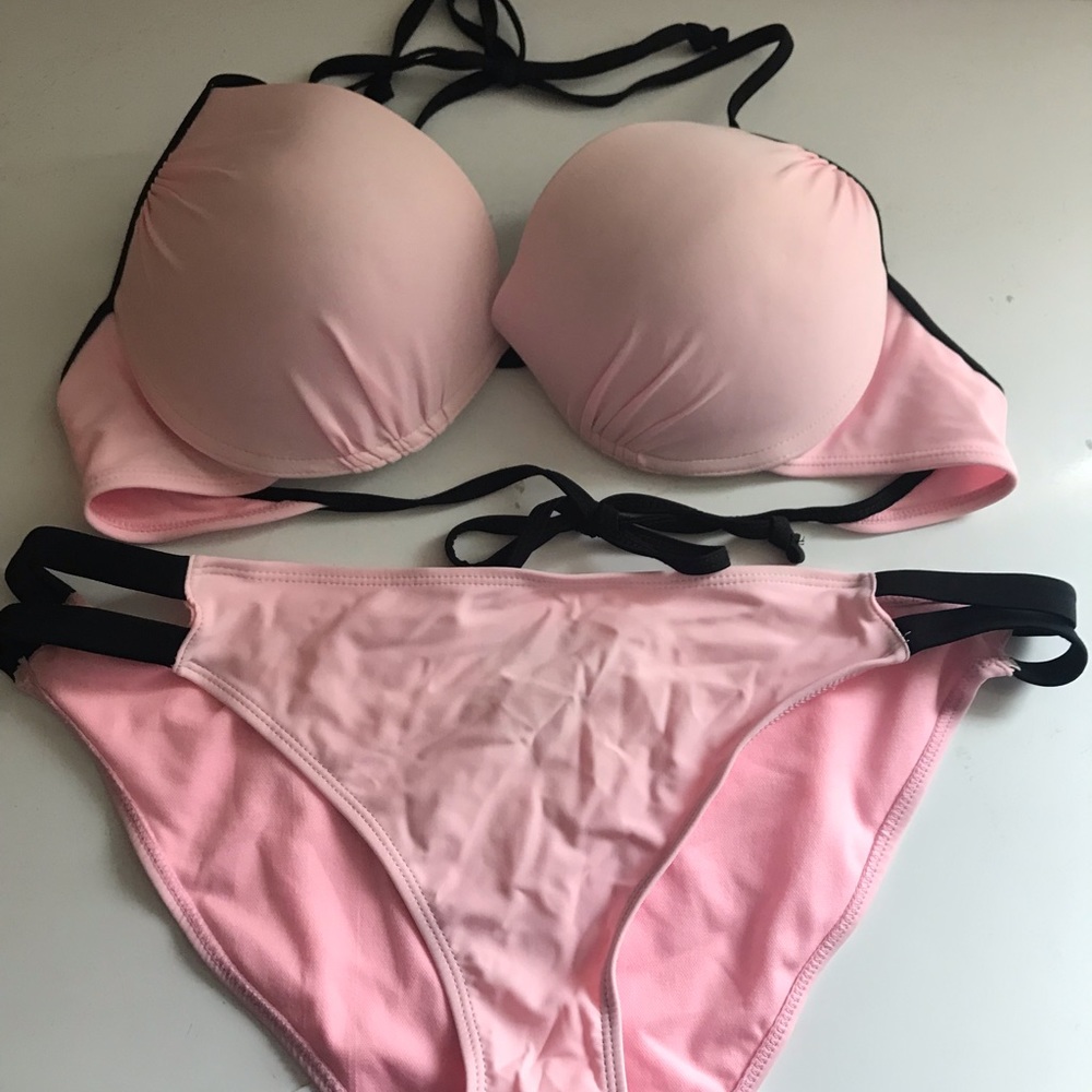 Joe Boxer Push Up Bikini Pink W/Black Trim XL Top Large Bottoms